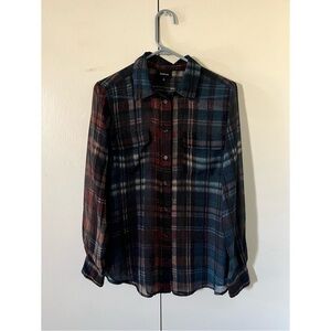 WhoWhatWear - (Dark Red, Blue, Cream Plaid) Long Sleeve Button-up - Women’s Tops